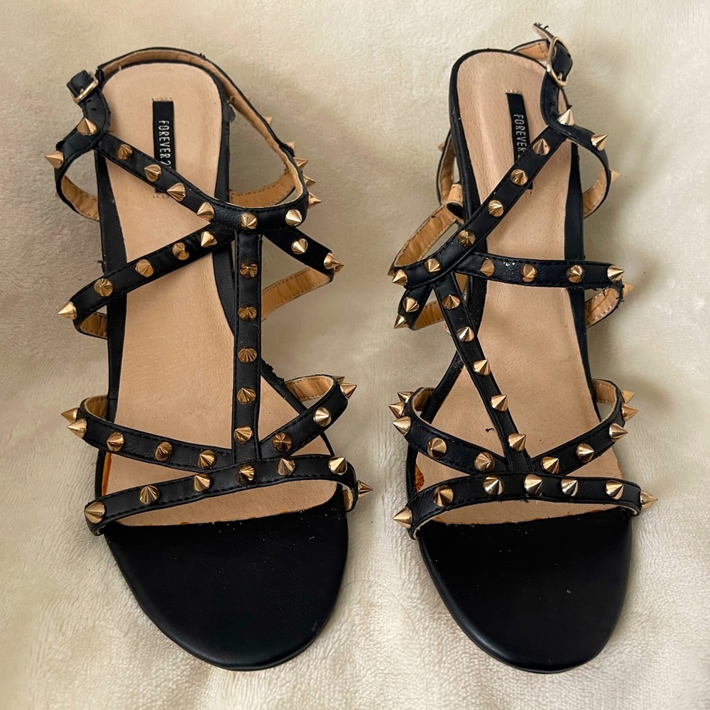 Forever 21 Black Studded Heel - Open Toe Strappy Stiletto (Size 10)